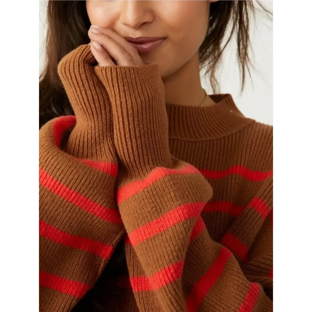 Free People Easy Street Stripe Crop Pullover Sweater Brown Orange Medium
